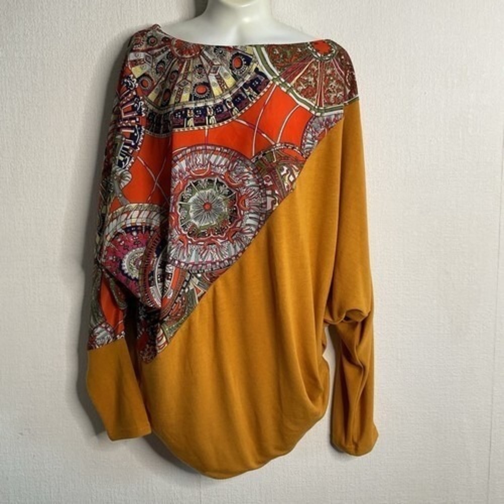 Forla Paris Scarf & Knit Mustard Boho-Chic Mixed Media Tunic Top Women M China